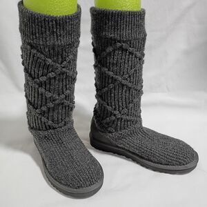 UGG Classic Argyle Cable Knit Sock Sweater Boot Size 6 Charcoal Grey